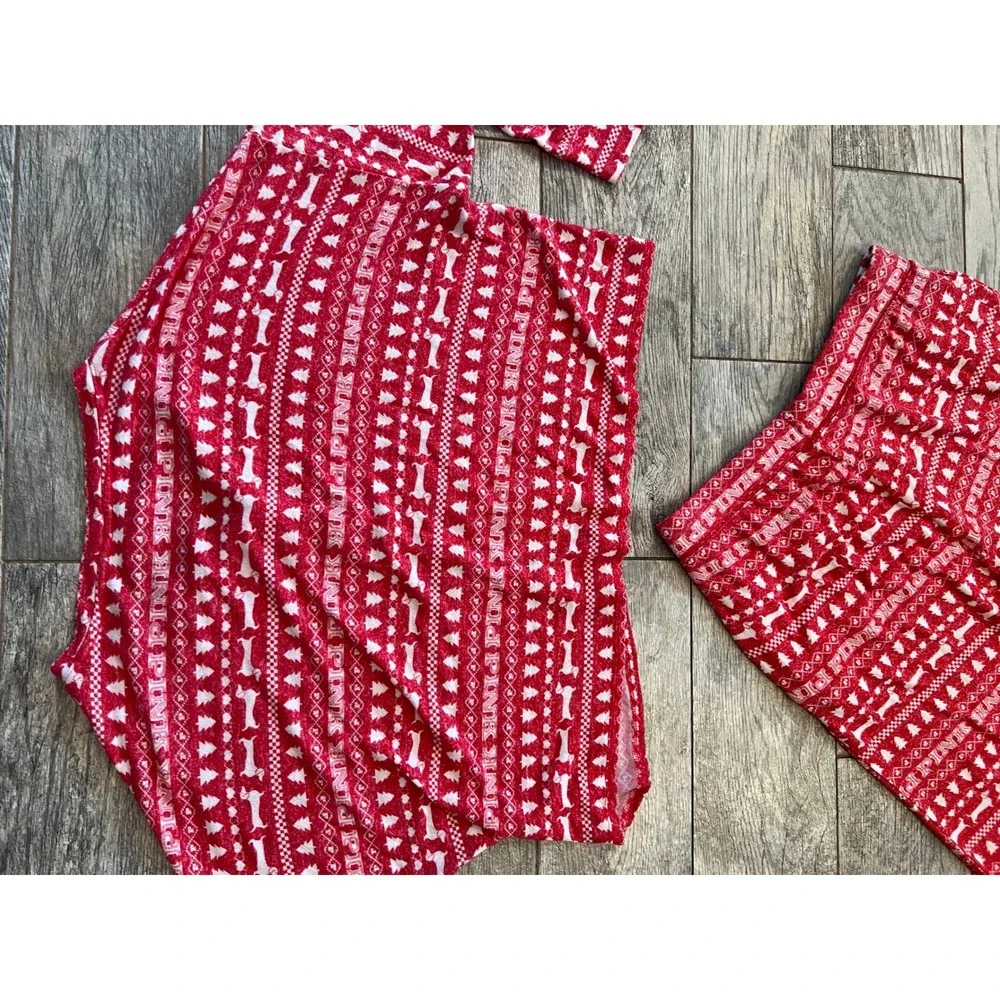 PINK Victorias Secret Pajama Set Large Red Fair Isle Dog Logo 2 pc PJ Set Nordic